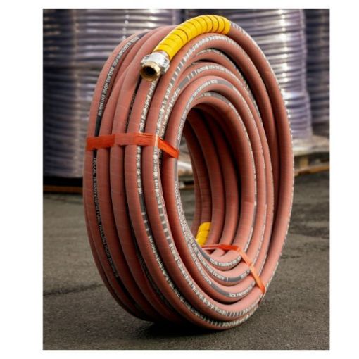 Picture of 35mm ID x 48mm OD Fuel Delivery TEC-OIL Hose (61mt Coil) with Conductive NBR Tube, A/S Wires with Red Supertuff Cover. Abrasion, Ozone, Hydrocarbon Resistant EN1360 16BAR WP (1.23KG/M). 61MT C/W BSPF/M SECURED WITH 4 BOLT ALUMINIUM SAFETY CLAMP. 